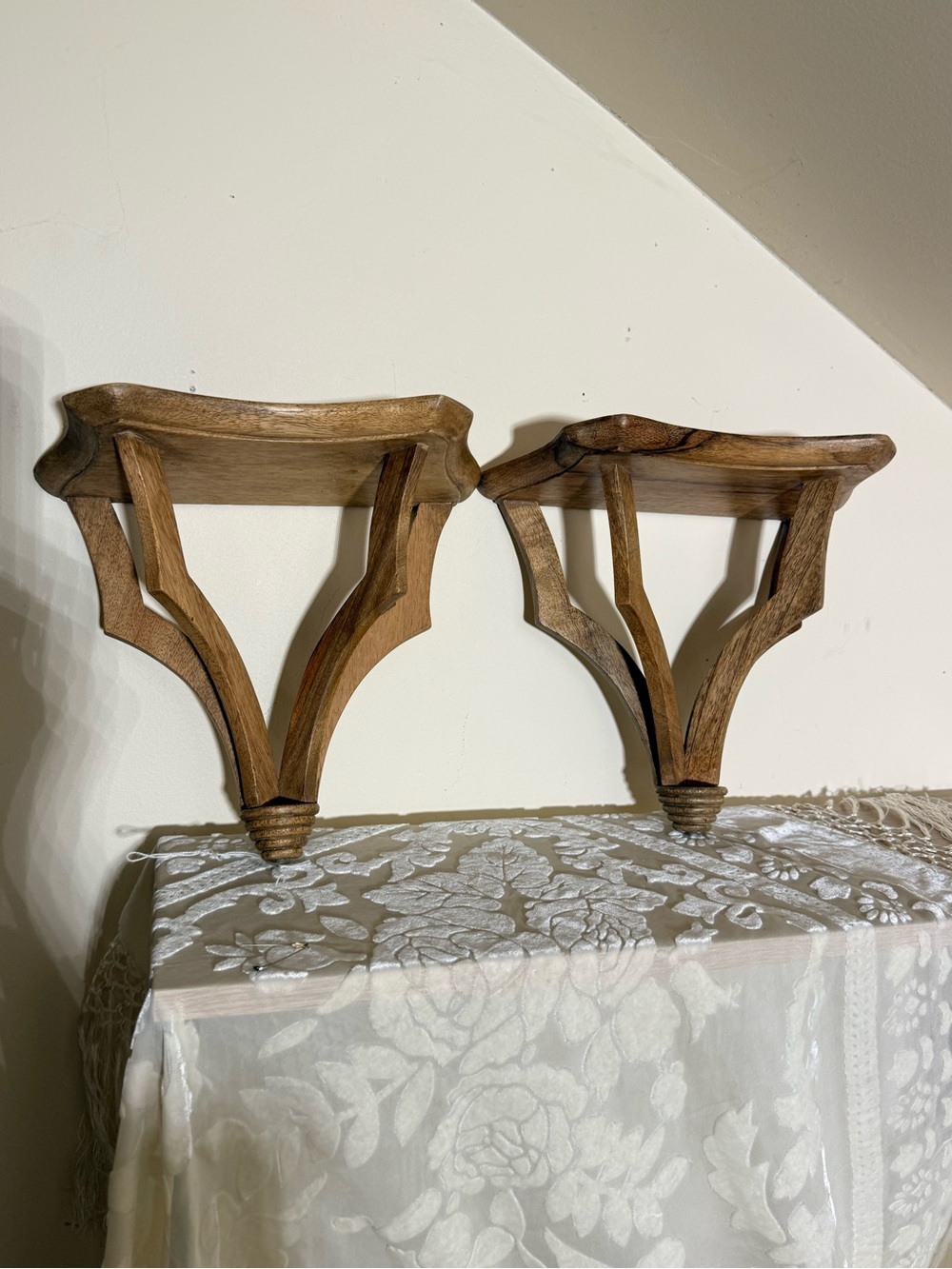 Pair Carved Wood Wall Corbels Shelf Brackets Brown Traditional